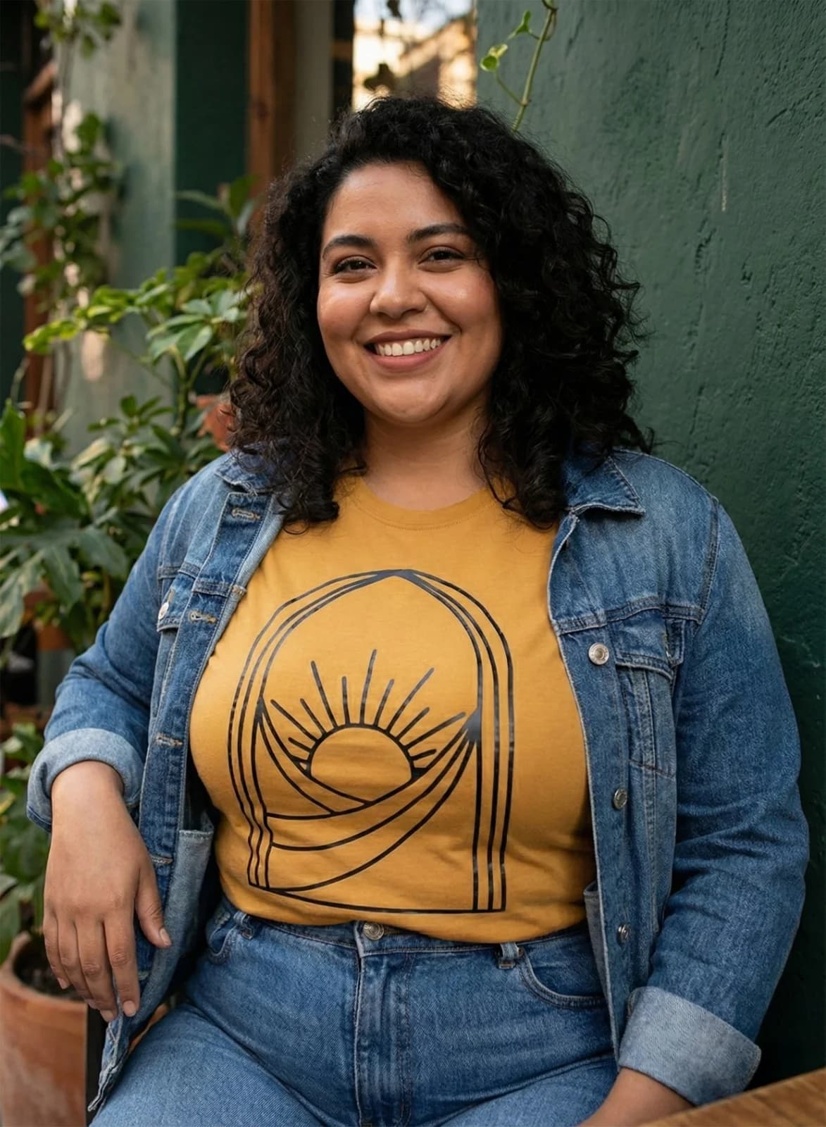 Camisetas de Algodón Personalizadas - Diseño Boho Sol Mostaza y Estampados a Medida